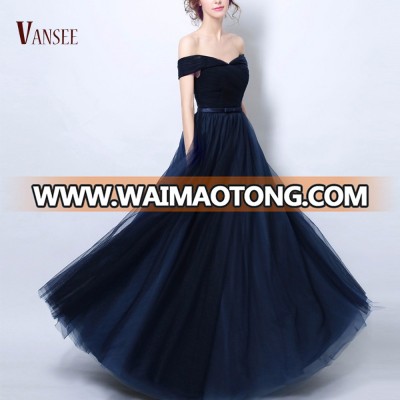 MOQ 1 piece IN STOCK plain show dress navy royal blue off shoulder fluffy evening dress long