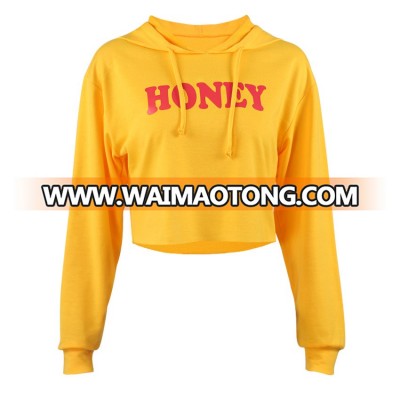 long sleeves printed loose hoodies ladies crop top raw cut hoodies