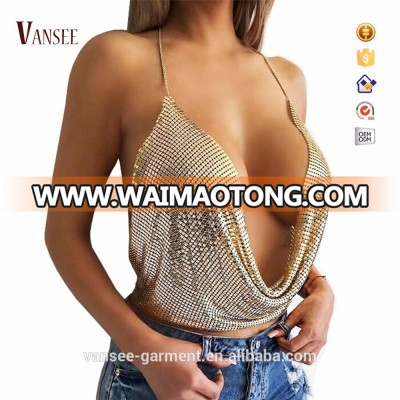 sleeveless summer golden sequins low cut sexy shinny vest top for women