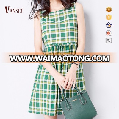 sleeveless tank dress twill pink green plaids dress for student casual girl dresses