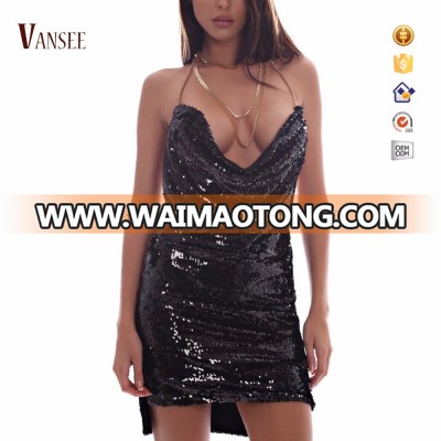 all sequins cocktail dress low cut black shinny sexy night club dress