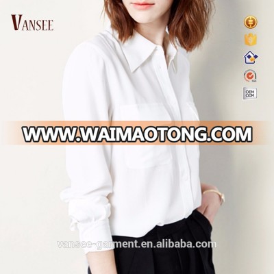 European style 2 chest pockets soft silky plain white blouses for women formal ladies long sleeve blouses for office