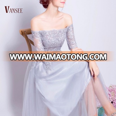 middle half sleeves flat off shoulder silver light gray A-line over knee evening dress