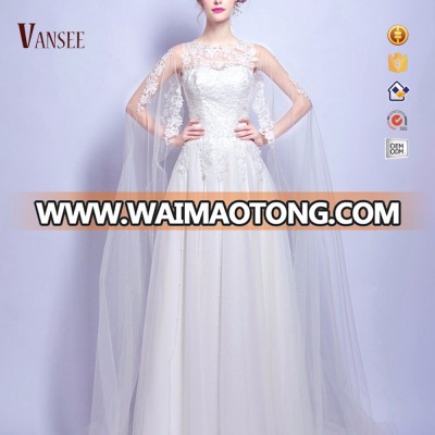 tank sleeveless lace pure white A-line wedding dress bridal gown with mantle