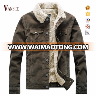 metal buttons up thick warm fleece lined corduroy twill winter jacket without hoody