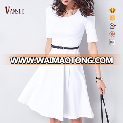 knitted middle half sleeves dress scoop neck summer all black white plain office dress knee length dress