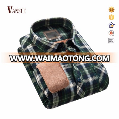 heavy cotton men's long sleeve fleece velvet inside thick warm plaids shirt winter