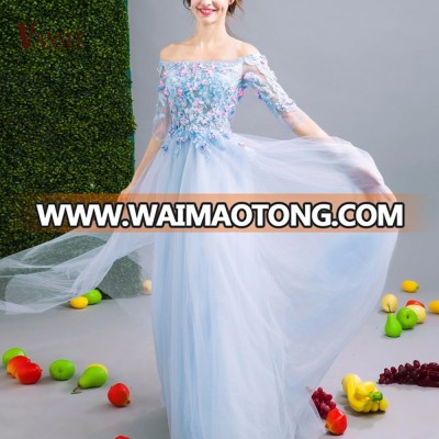 flat off shoulder tube dress lace flowers thin flexible light blue princess style evening dress long