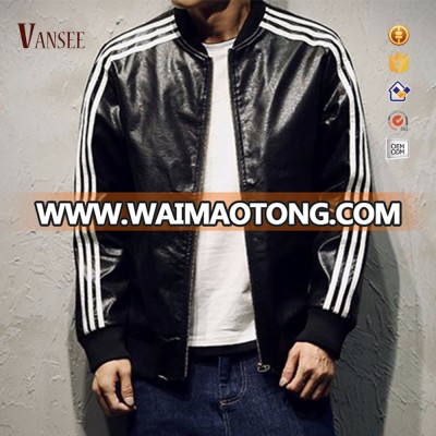 white stripes plain black all leather jacket baseball jacket